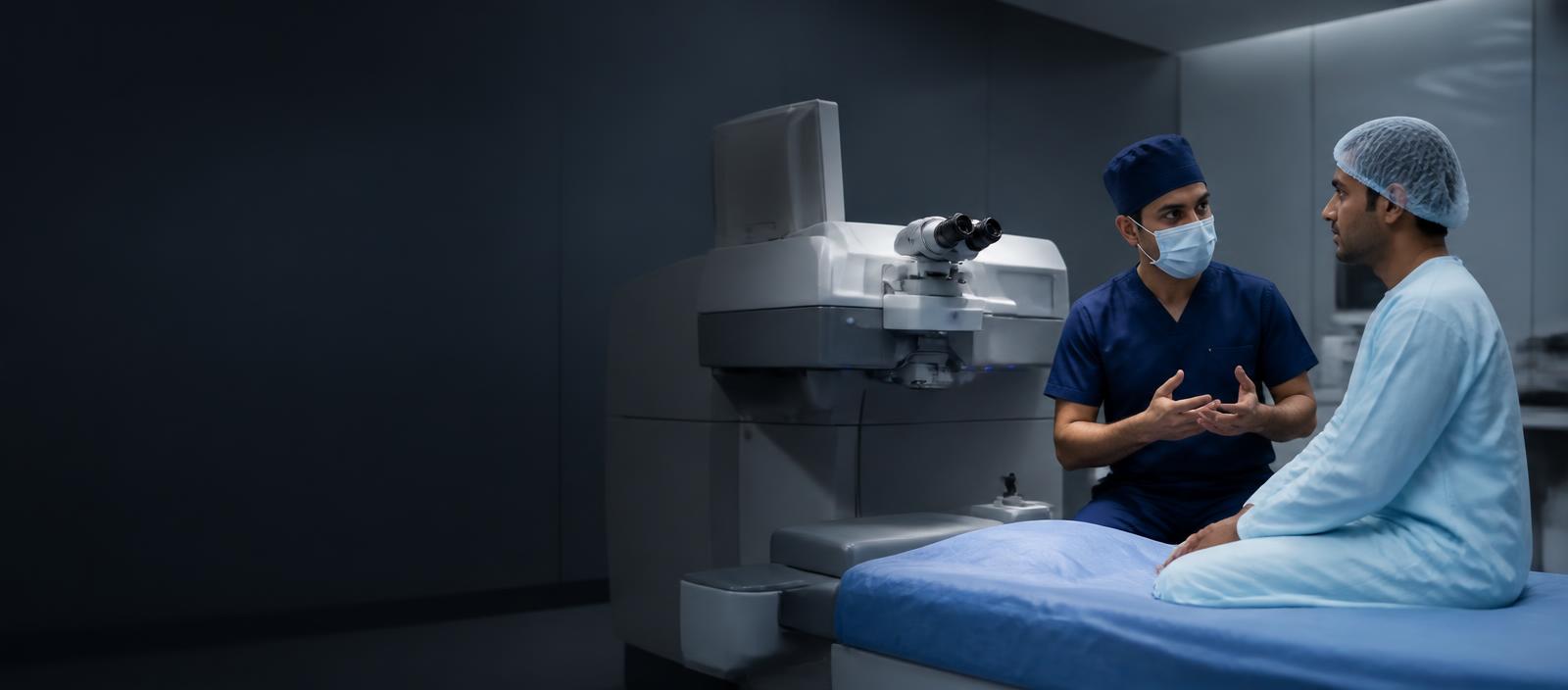 Refractive laser eye surgery suite with ophthalmic surgeon and patient