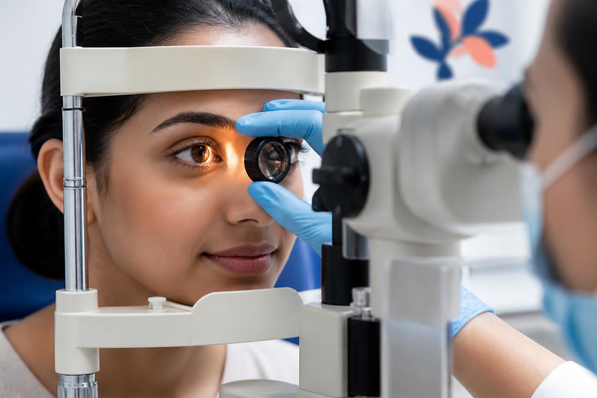 Patient undergoing a detailed slit-lamp corneal examination