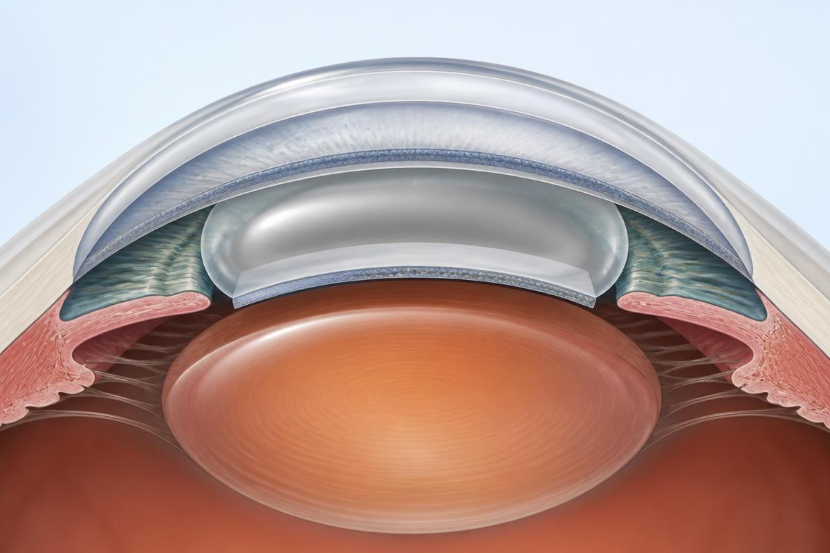 Cross-sectional illustration of a DSEK donor layer supported behind the cornea