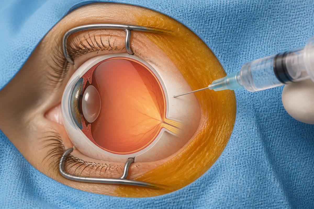 Clinical cross-sectional illustration of an intravitreal injection through the white part of the eye