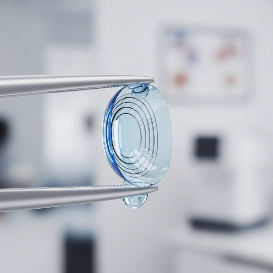 प्रिसिज़न फोरसेप्स से पकड़ा गया रिजिड गैस-परमिएबल Ortho-K कॉन्टैक्ट लेंस