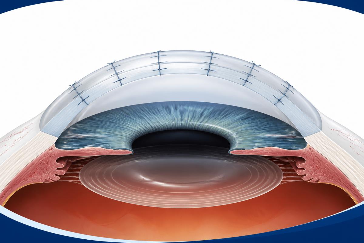 Cross-sectional illustration of a full-thickness corneal graft secured with sutures