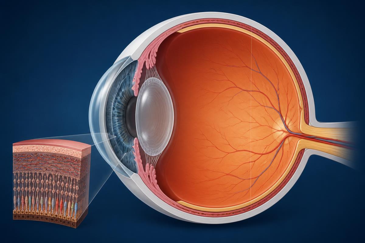 Cross-sectional illustration showing the retina and vascular uveal layers of the eye