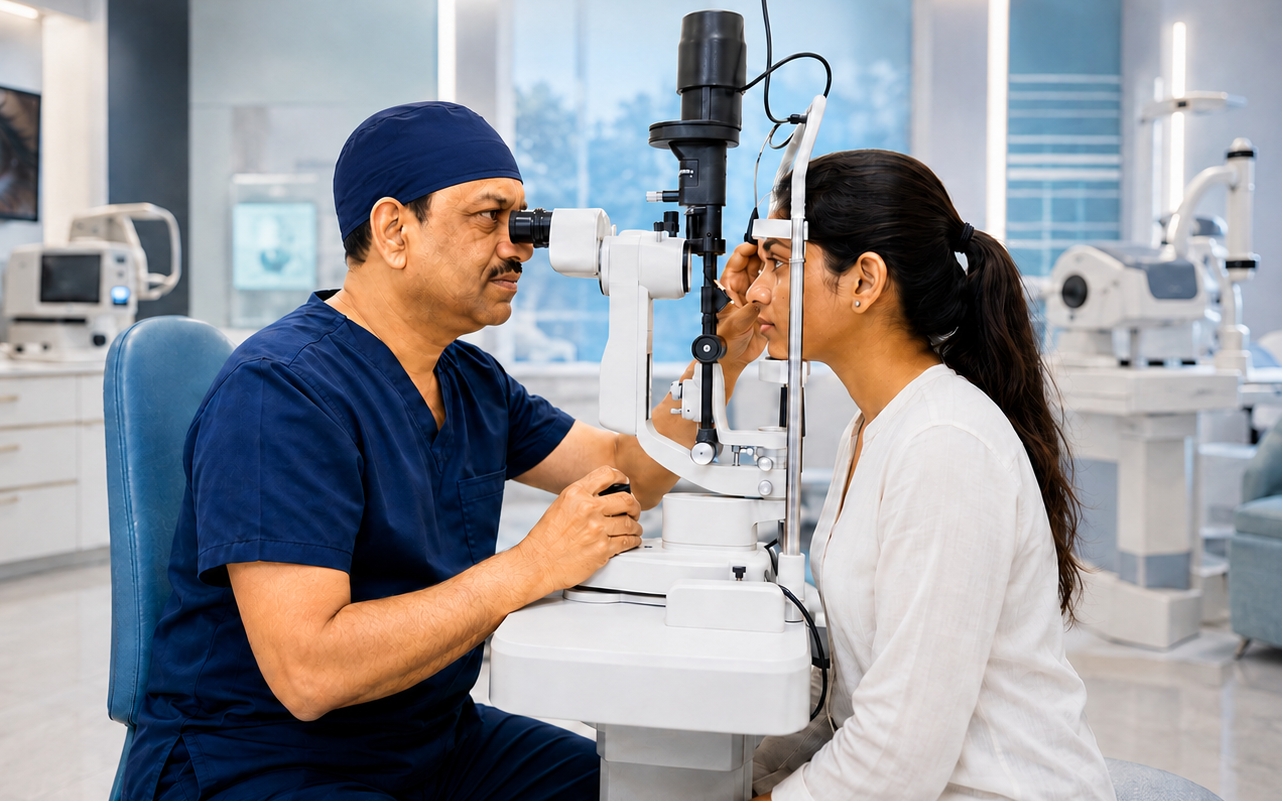 Perfect Vision Laser Eye Hospital, जयपुर में एक मरीज़ की आंखों की जांच करते हुए डॉ. वीरेंद्र अग्रवाल